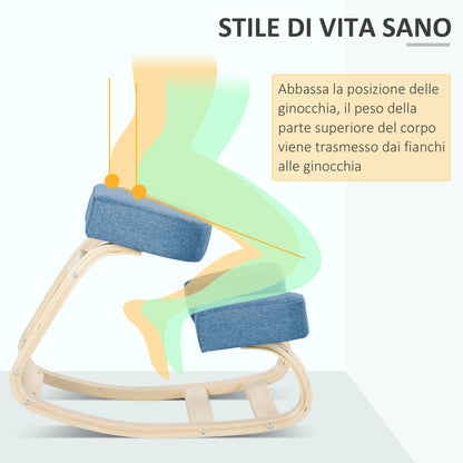 Ergonomic Kneeling Chair in Birch Wood, Posture Chair with Foam and Polyester Cushion for Home and Office, Blue