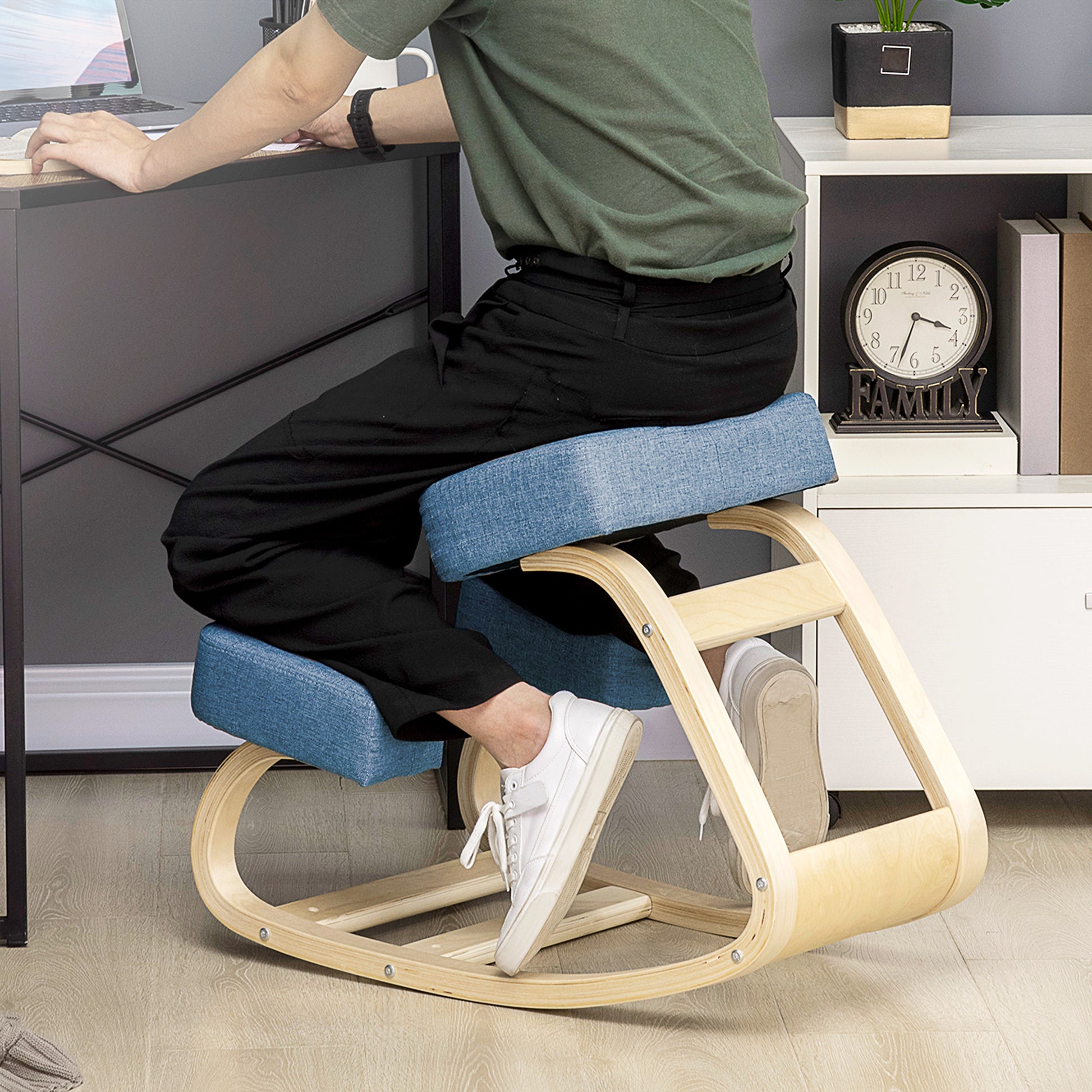 Ergonomic Kneeling Chair in Birch Wood, Posture Chair with Foam and Polyester Cushion for Home and Office, Blue