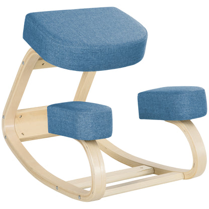 Ergonomic Kneeling Chair in Birch Wood, Posture Chair with Foam and Polyester Cushion for Home and Office, Blue