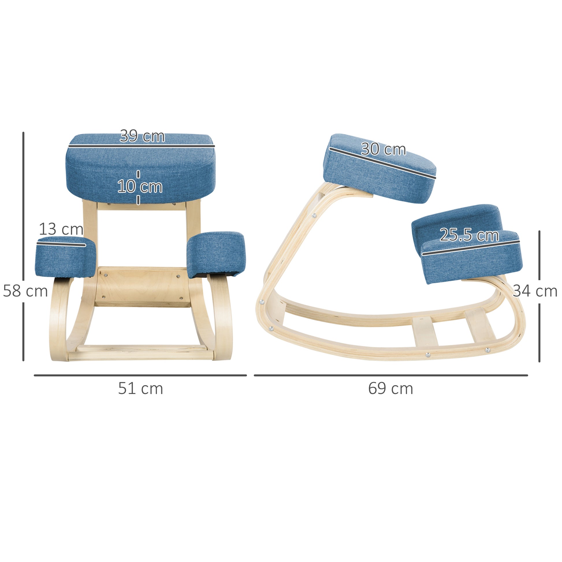 Ergonomic Kneeling Chair in Birch Wood, Posture Chair with Foam and Polyester Cushion for Home and Office, Blue