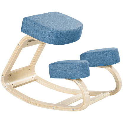 Ergonomic Kneeling Chair in Birch Wood, Posture Chair with Foam and Polyester Cushion for Home and Office, Blue