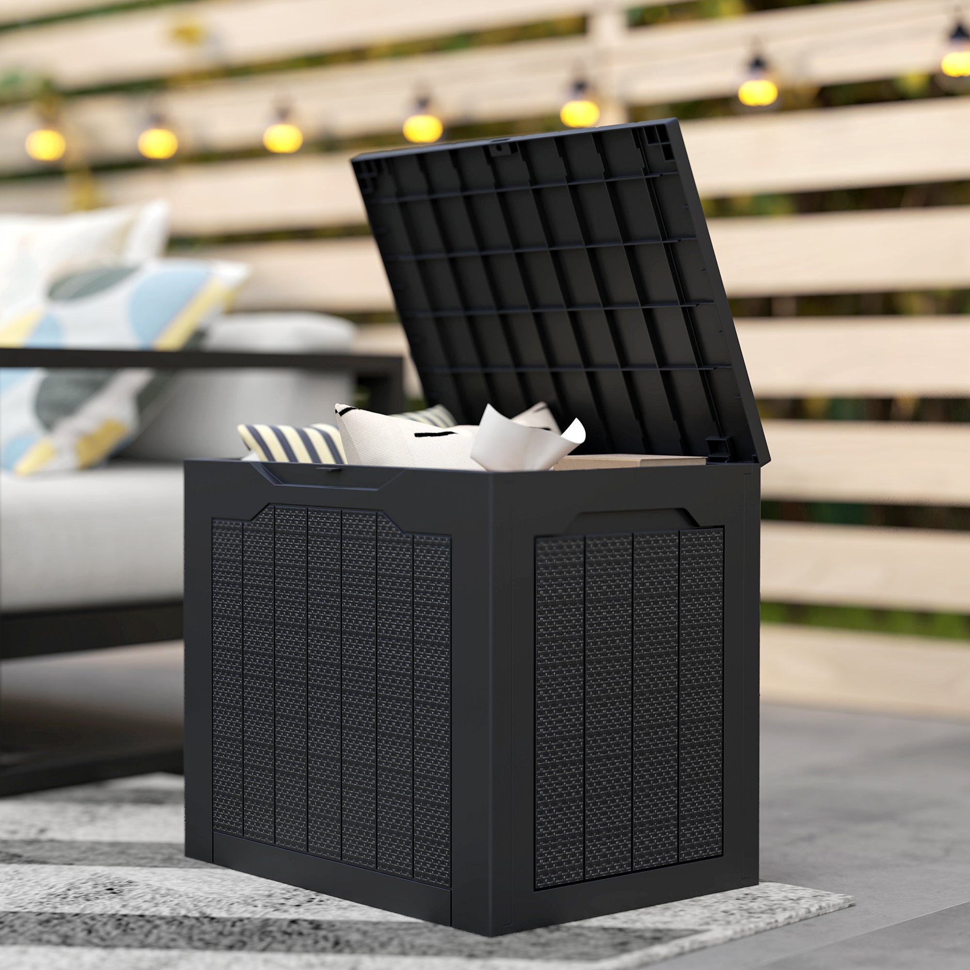 Garden Storage Box 93L with Recessed Handles, Waterproof Outdoor Box for Garden and Patio Storage, 56 x 41 x 50 cm, Black