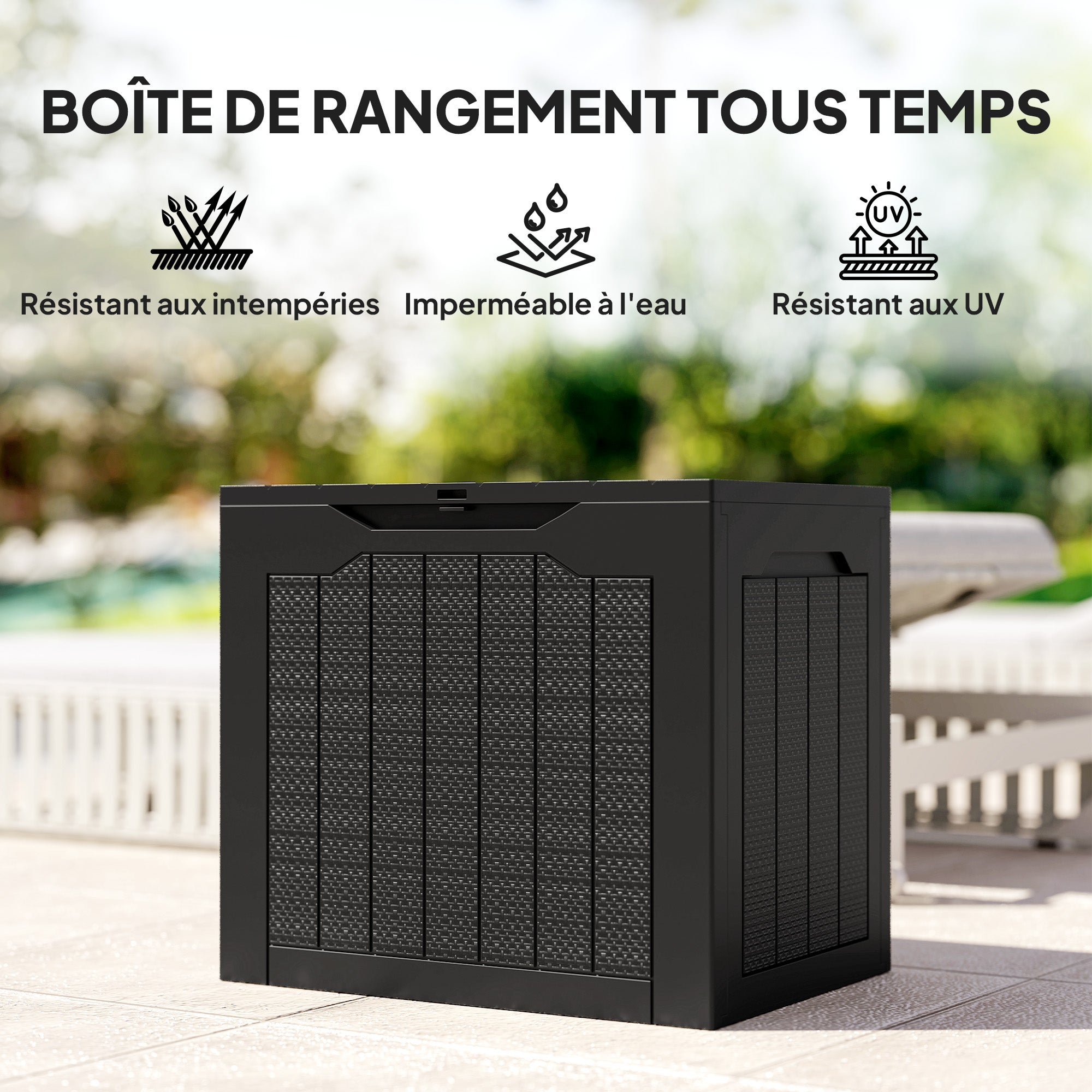 Garden Storage Box 93L with Recessed Handles, Waterproof Outdoor Box for Garden and Patio Storage, 56 x 41 x 50 cm, Black