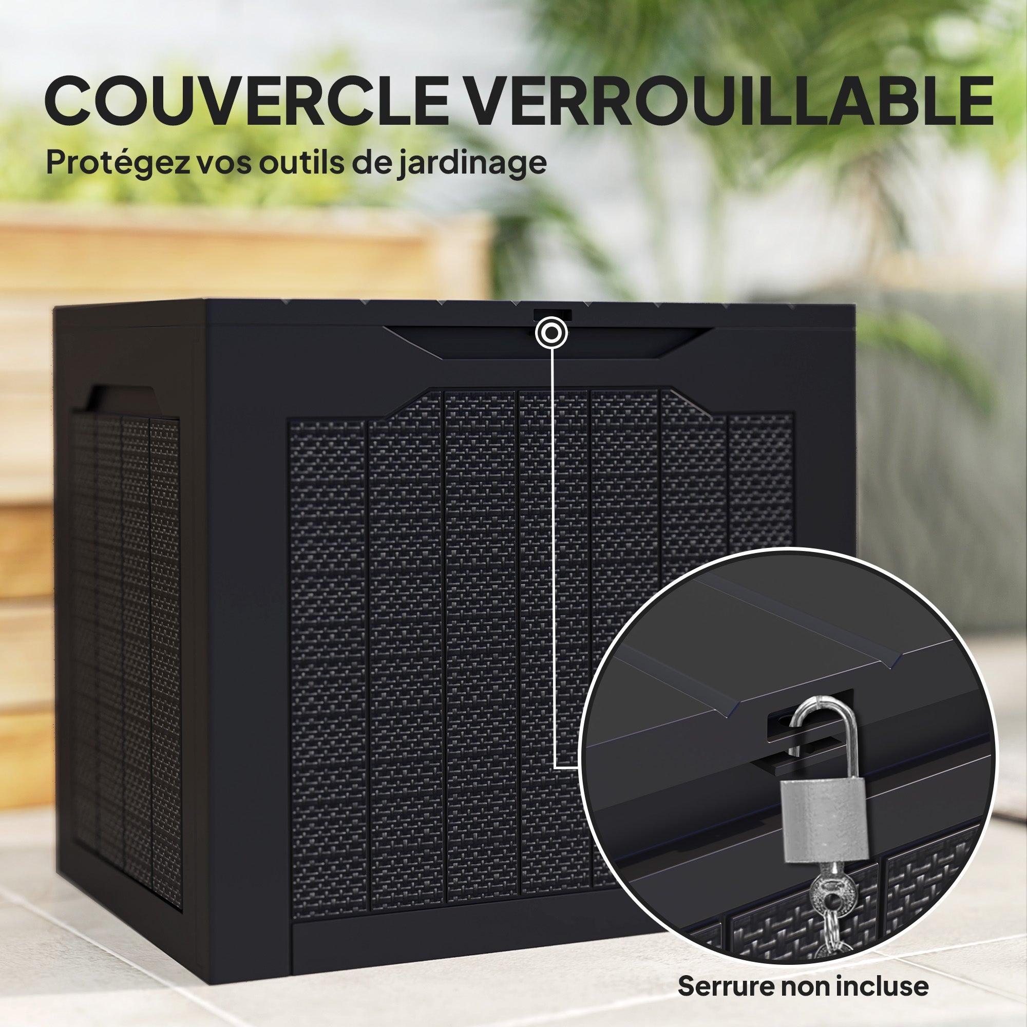 Garden Storage Box 93L with Recessed Handles, Waterproof Outdoor Box for Garden and Patio Storage, 56 x 41 x 50 cm, Black