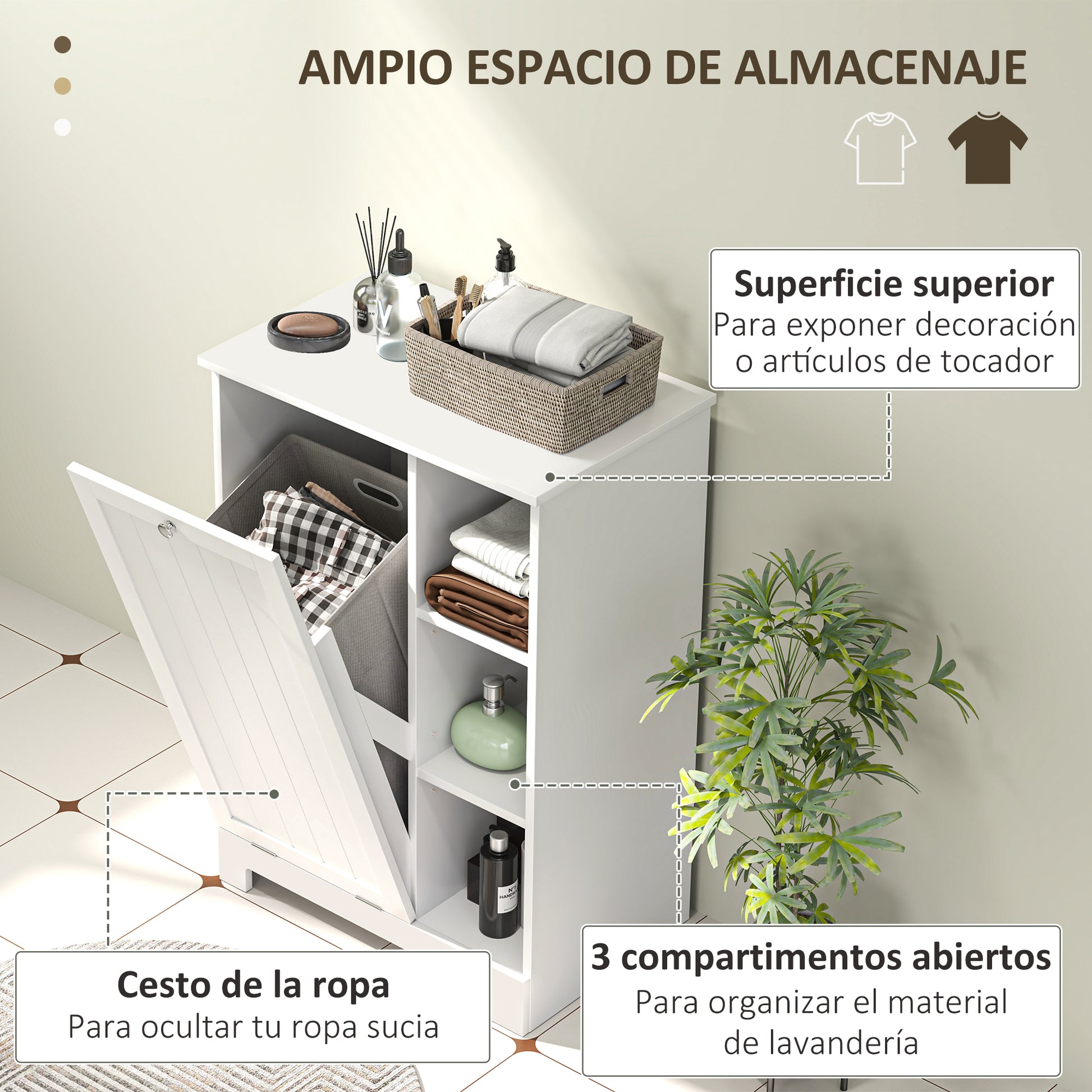 Bathroom Cabinet with Laundry Hamper Bathroom Furniture with Flip-Down Door Open Shelves and Removable Basket 60x38x86 cm White