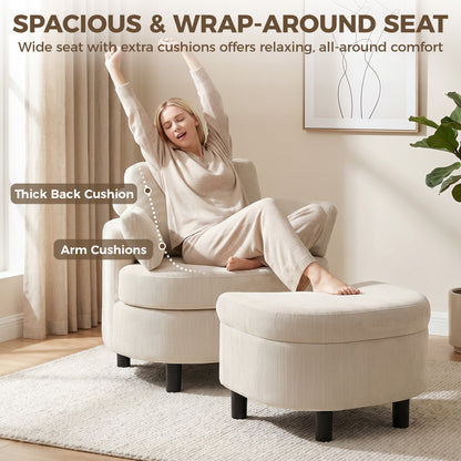 Cord Upholstered Lounge Chair with Storage Ottoman, Adjustable Headrest — Wide Relaxing Armchair for Living Room & Bedroom, Cream