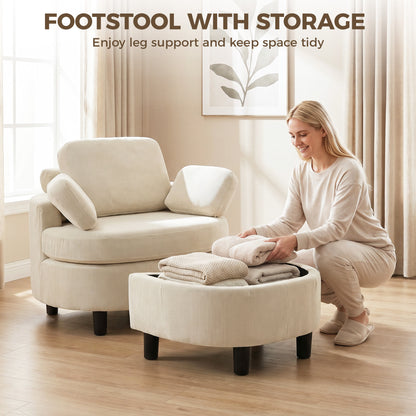Cord Upholstered Lounge Chair with Storage Ottoman, Adjustable Headrest — Wide Relaxing Armchair for Living Room & Bedroom, Cream