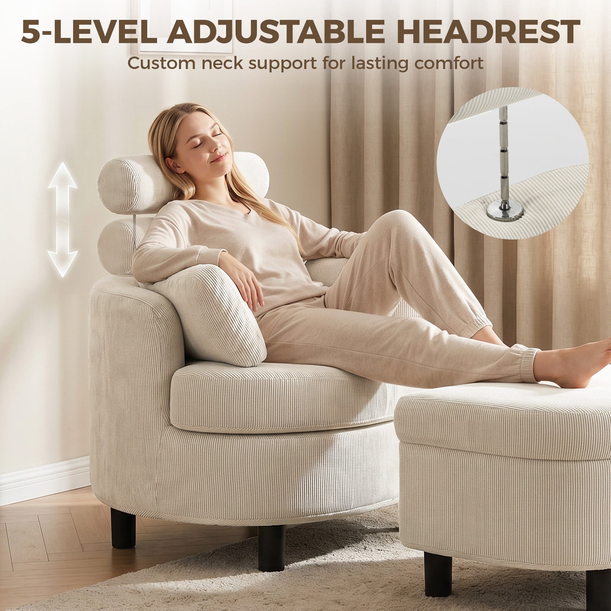 Cord Upholstered Lounge Chair with Storage Ottoman, Adjustable Headrest — Wide Relaxing Armchair for Living Room & Bedroom, Cream