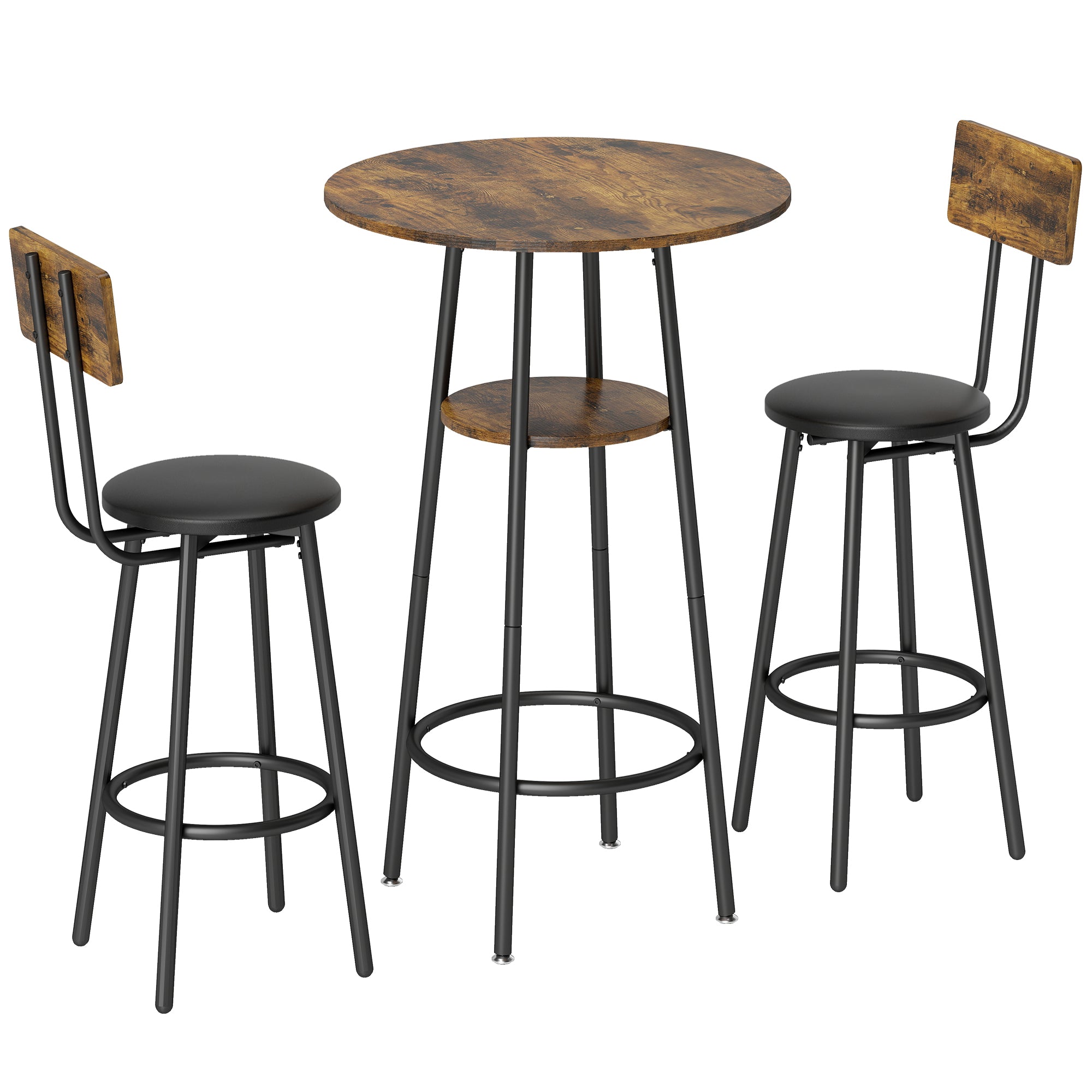 Bar Table with 2 Padded Bar Stools, Footrests, Metal Frame — Industrial Kitchen/Dining Set, Rustic Brown