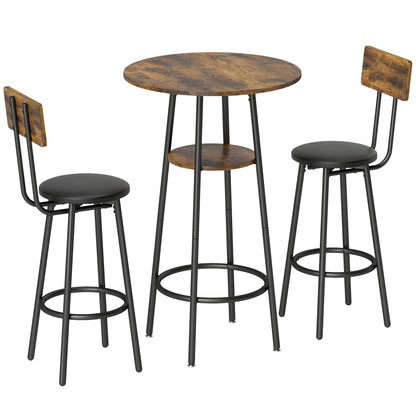 Bar Table with 2 Padded Bar Stools, Footrests, Metal Frame — Industrial Kitchen/Dining Set, Rustic Brown