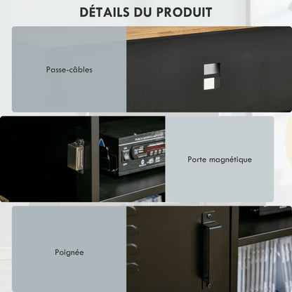 TV Stand TV Bench for 55'' TVs with 2 Cabinets Adjustable Feet Black Metal Frame Natural Wood Top 150 x 40 x 50 cm