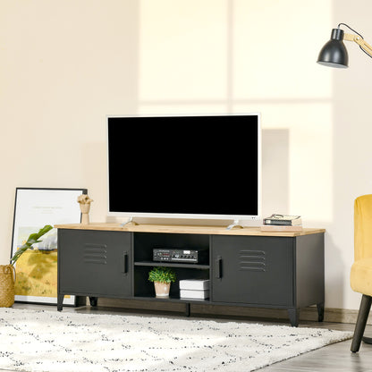 TV Stand TV Bench for 55'' TVs with 2 Cabinets Adjustable Feet Black Metal Frame Natural Wood Top 150 x 40 x 50 cm