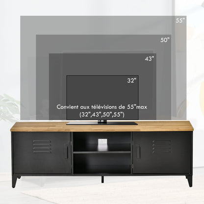 TV Stand TV Bench for 55'' TVs with 2 Cabinets Adjustable Feet Black Metal Frame Natural Wood Top 150 x 40 x 50 cm