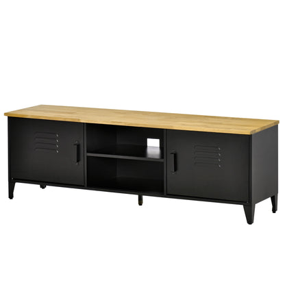TV Stand TV Bench for 55'' TVs with 2 Cabinets Adjustable Feet Black Metal Frame Natural Wood Top 150 x 40 x 50 cm