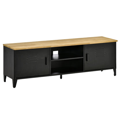TV Stand TV Bench for 55'' TVs with 2 Cabinets Adjustable Feet Black Metal Frame Natural Wood Top 150 x 40 x 50 cm