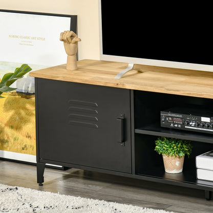 TV Stand TV Bench for 55'' TVs with 2 Cabinets Adjustable Feet Black Metal Frame Natural Wood Top 150 x 40 x 50 cm