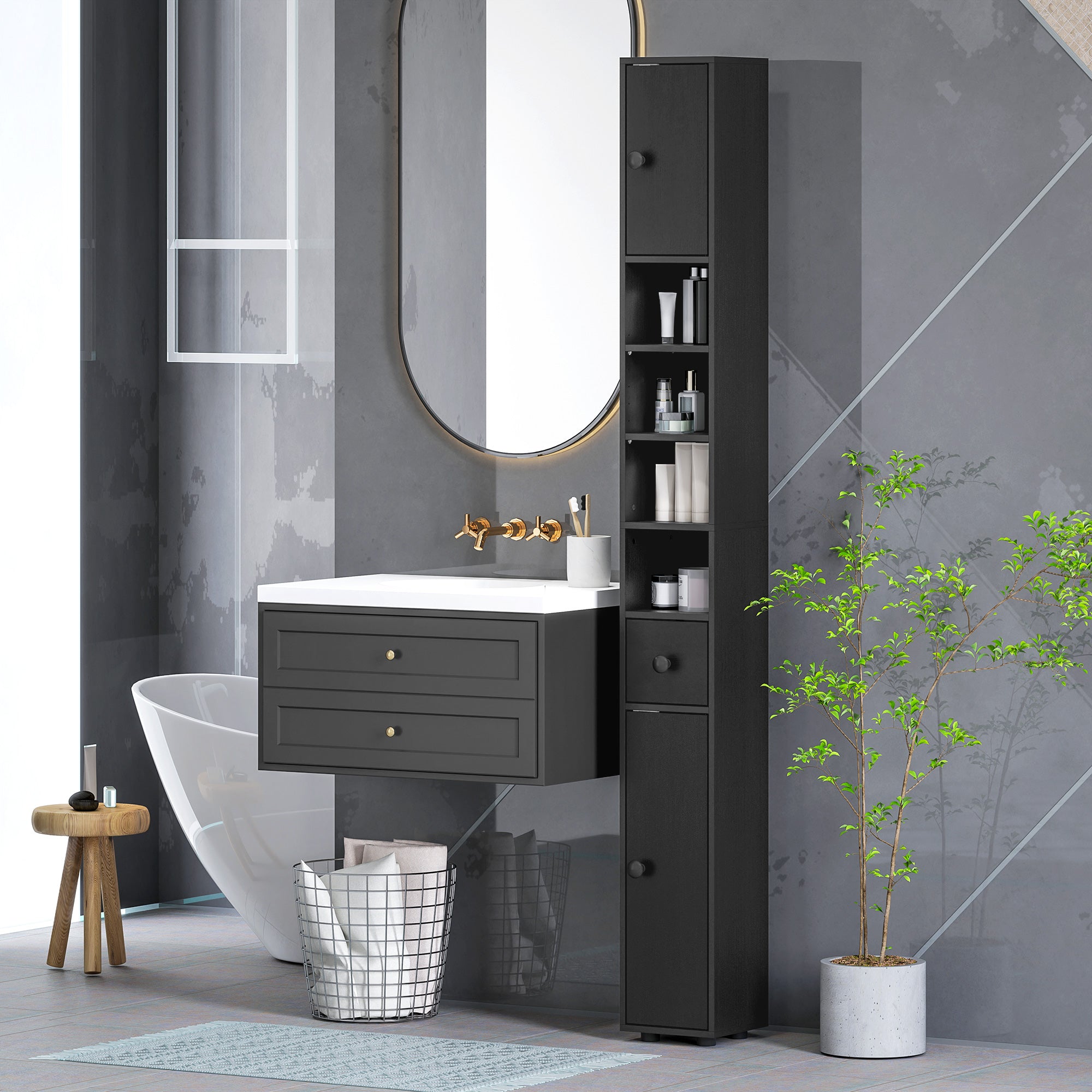 Slim Bathroom Cabinet, Tall Toilet Cupboard with Drawer and 4 Open Shelves, Space-Saving Bathroom & Living Room Storage, 8 x 8 x 71 in (20 x 20 x 180 cm), Black