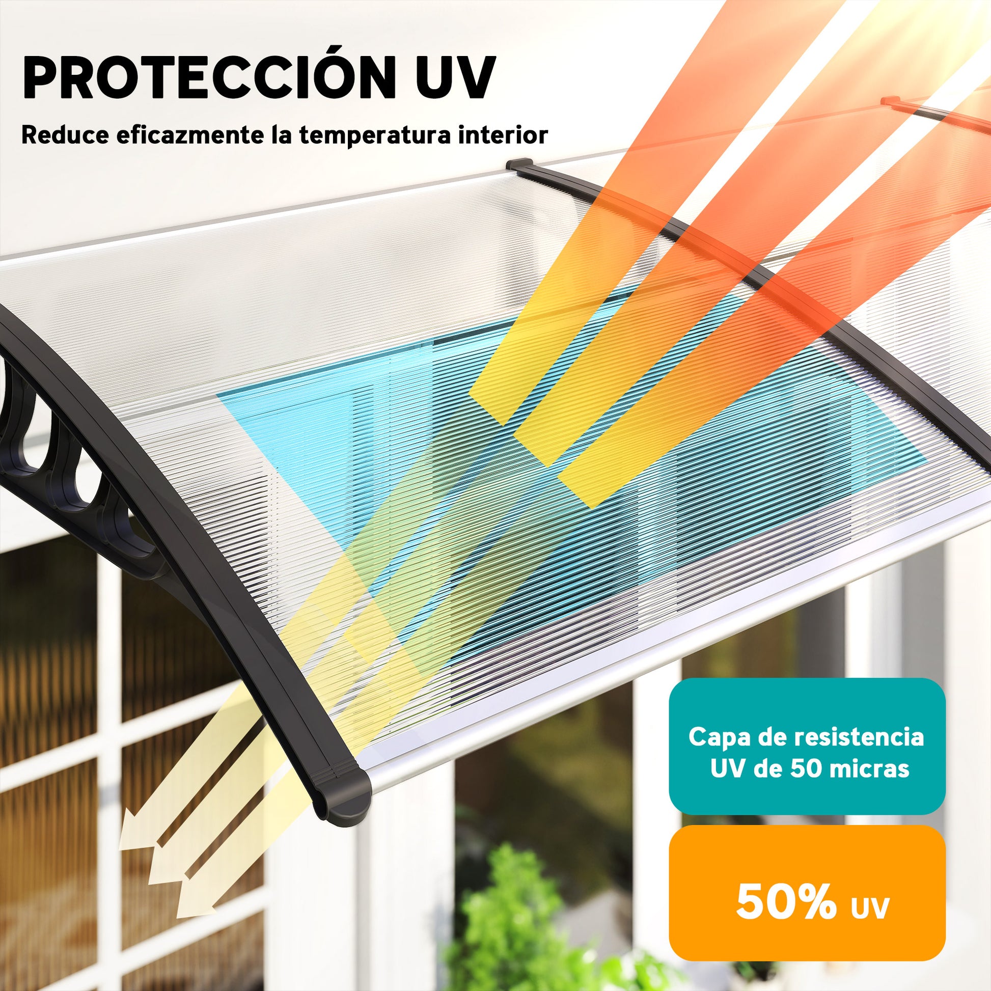 303x96 cm Protection Awning Exterior Canopy for Doors and Windows against Sun and Rain with Aluminum Alloy PP Polycarbonate Transparent Support