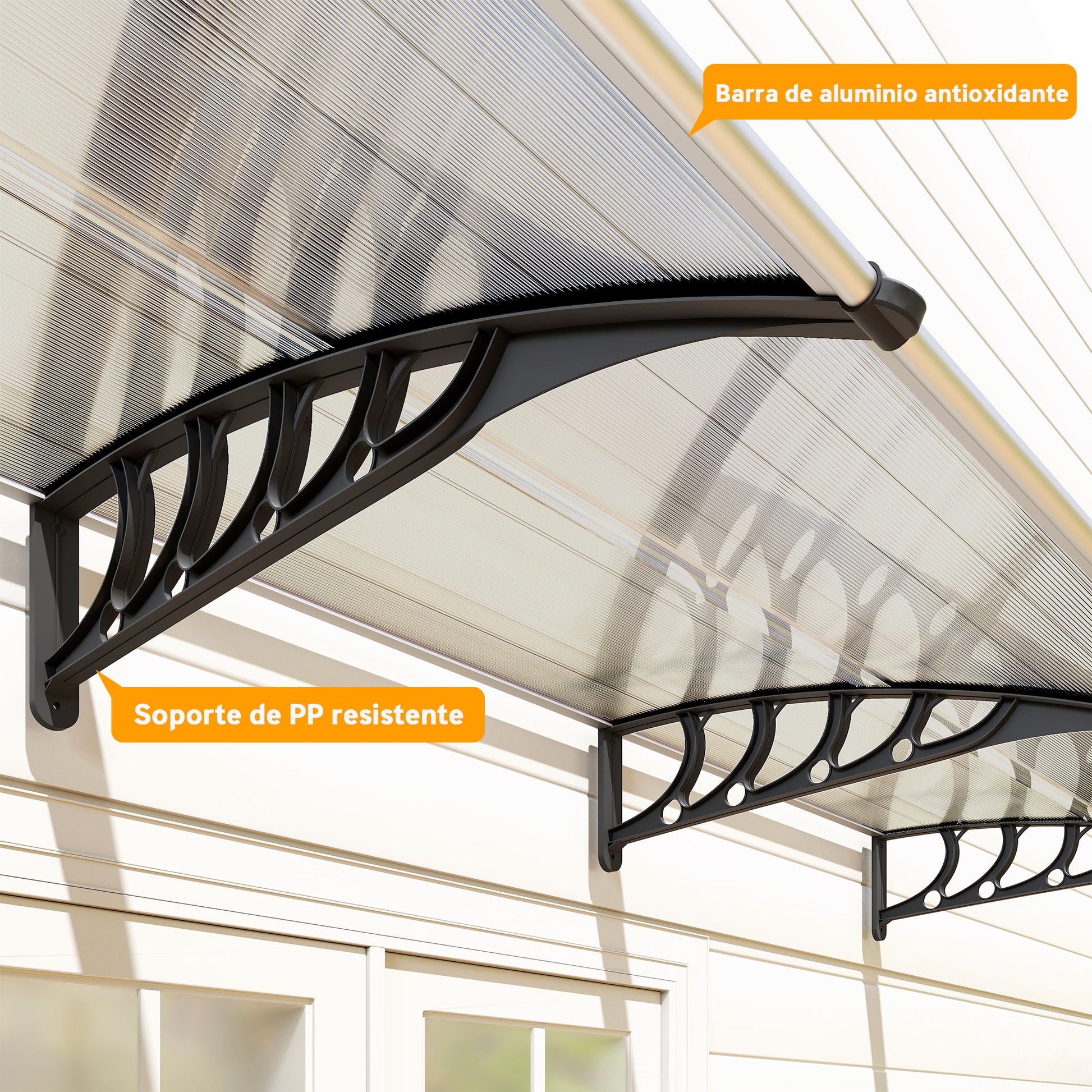 303x96 cm Protection Awning Exterior Canopy for Doors and Windows against Sun and Rain with Aluminum Alloy PP Polycarbonate Transparent Support