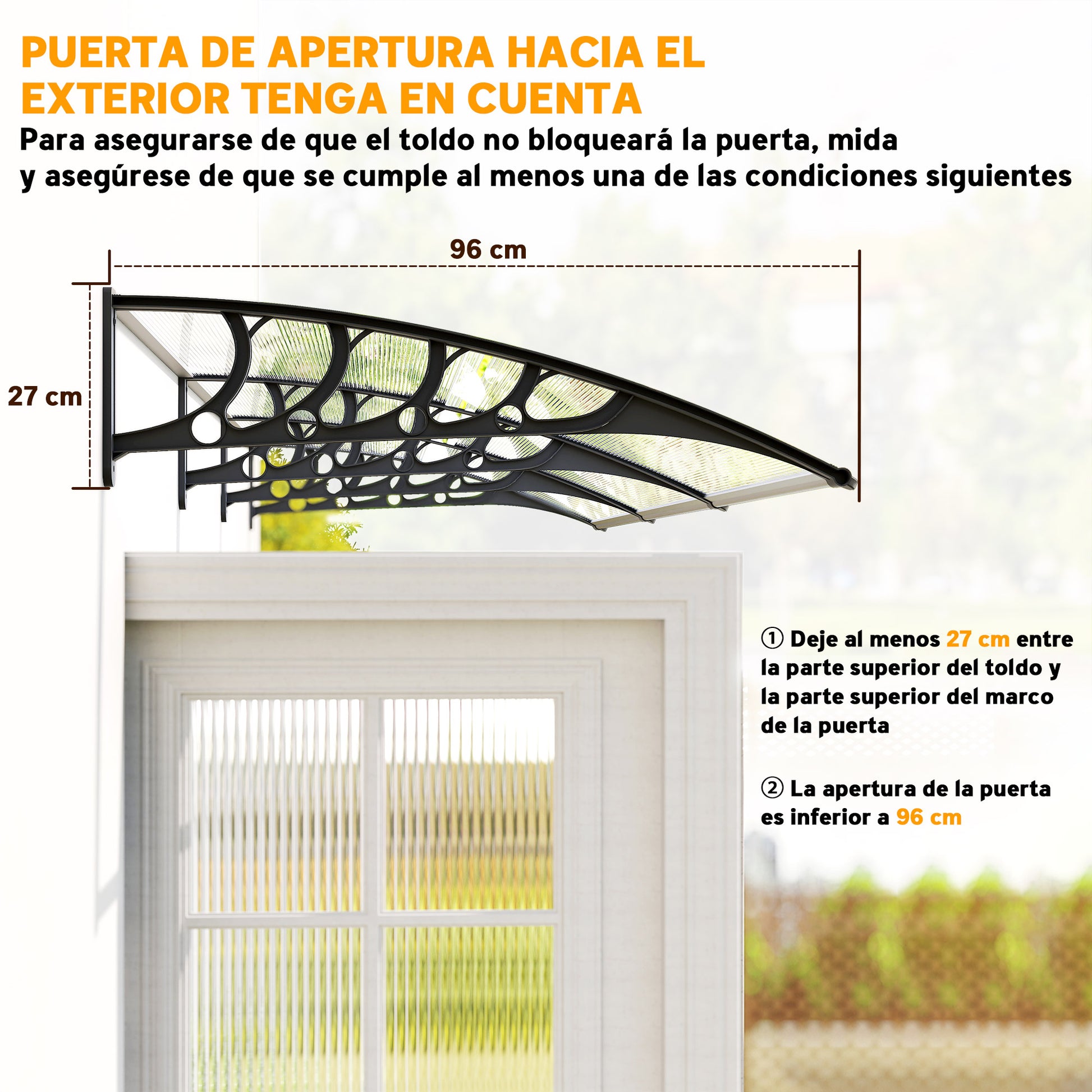 303x96 cm Protection Awning Exterior Canopy for Doors and Windows against Sun and Rain with Aluminum Alloy PP Polycarbonate Transparent Support
