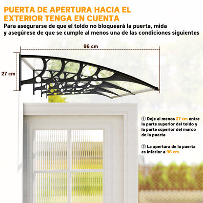 303x96 cm Protection Awning Exterior Canopy for Doors and Windows against Sun and Rain with Aluminum Alloy PP Polycarbonate Transparent Support