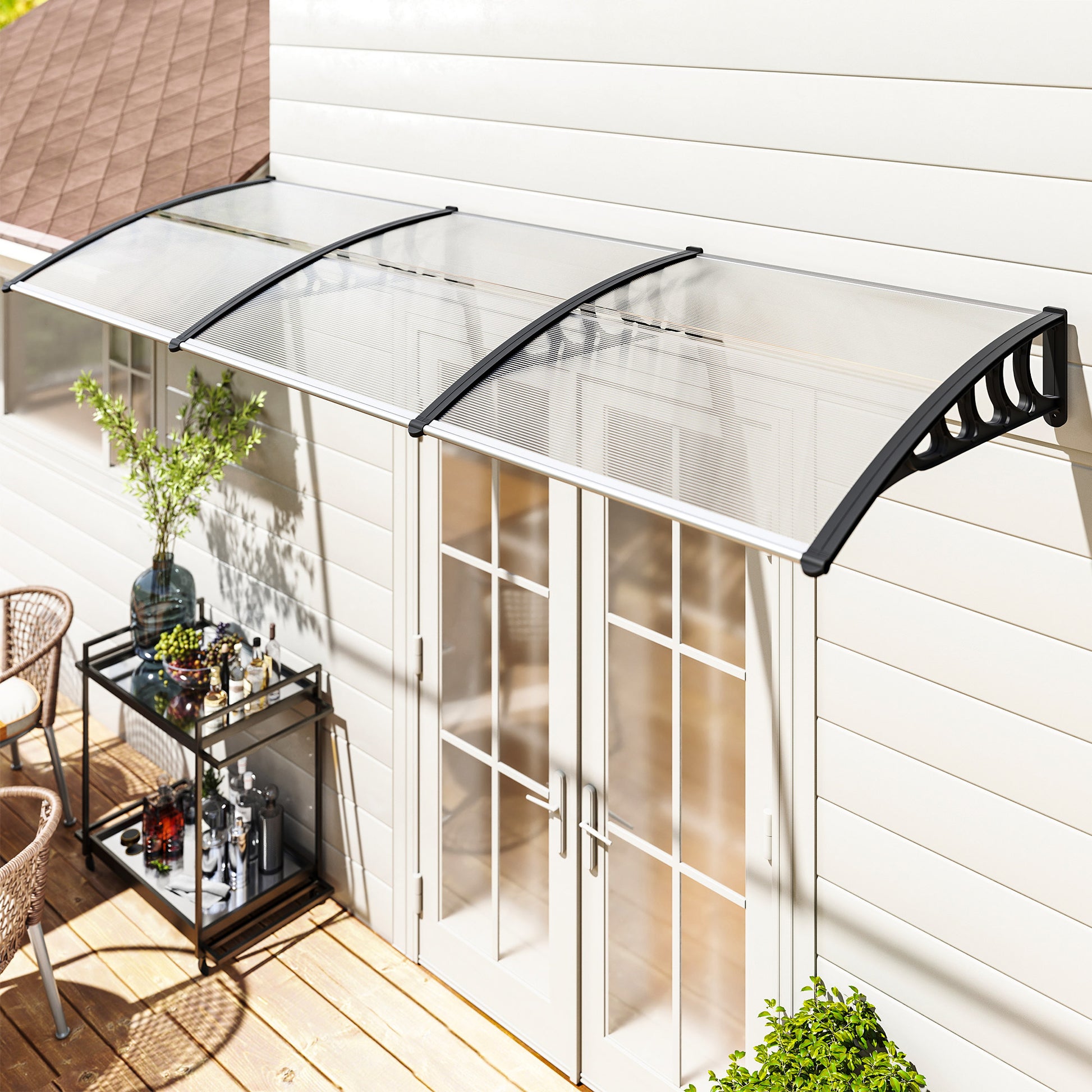 303x96 cm Protection Awning Exterior Canopy for Doors and Windows against Sun and Rain with Aluminum Alloy PP Polycarbonate Transparent Support