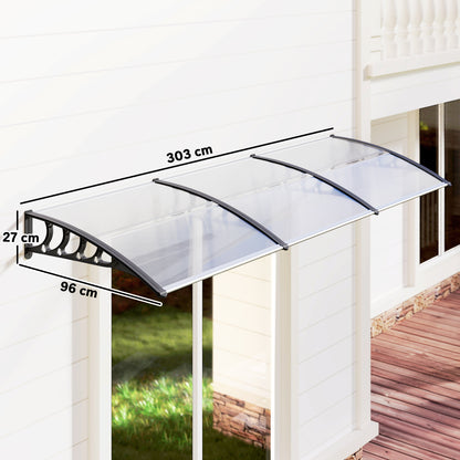303x96 cm Protection Awning Exterior Canopy for Doors and Windows against Sun and Rain with Aluminum Alloy PP Polycarbonate Transparent Support