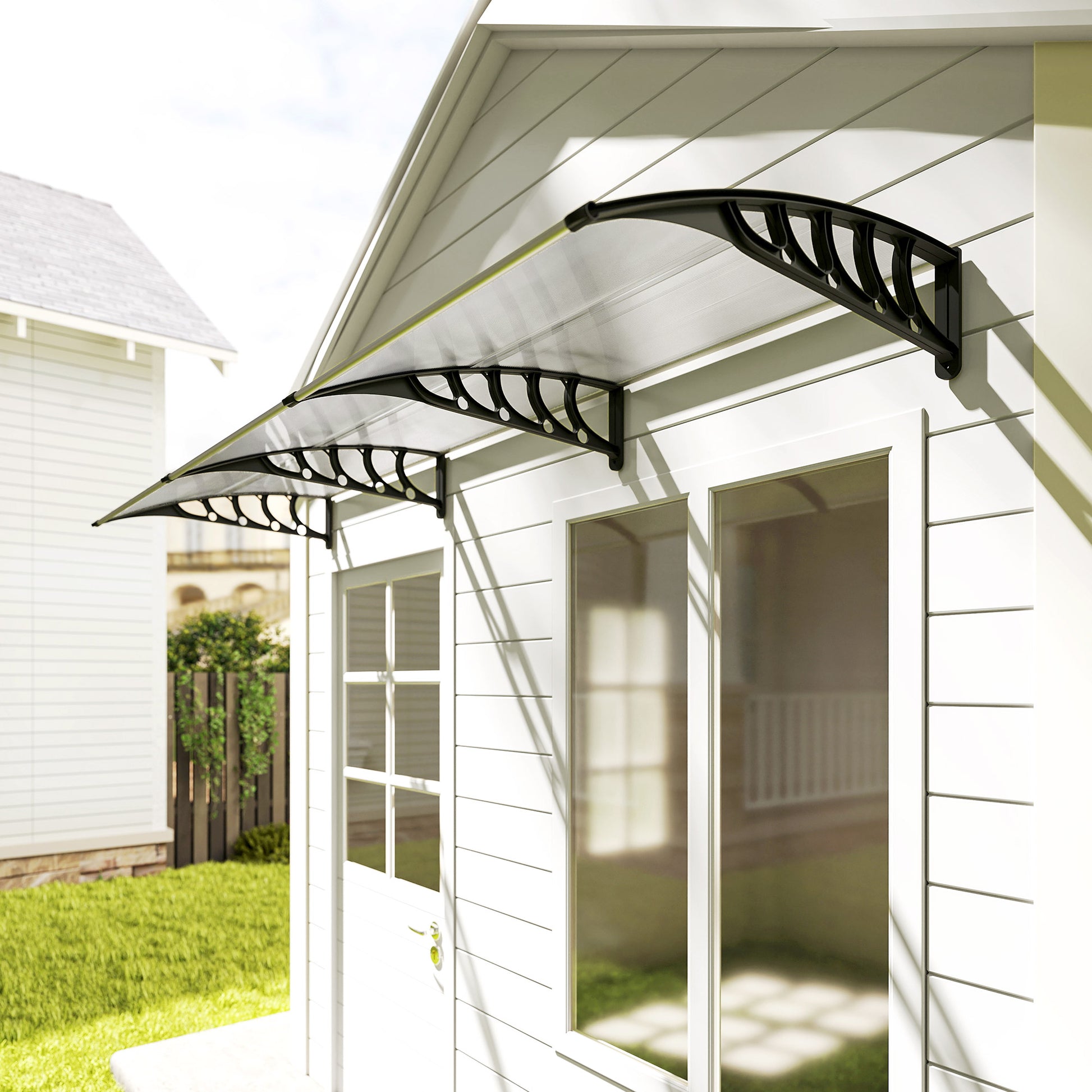 303x96 cm Protection Awning Exterior Canopy for Doors and Windows against Sun and Rain with Aluminum Alloy PP Polycarbonate Transparent Support