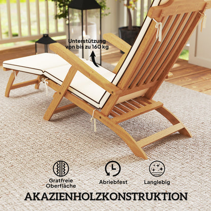 Sun lounger Wood Folding Garden Lounger with Footrest, Mattress, Ergonomic Recliner Weatherproof Camping Lounger, Garden Chair up to 160 kg load capacity, for Garden Holiday Outdoor Beach Pool, Teak