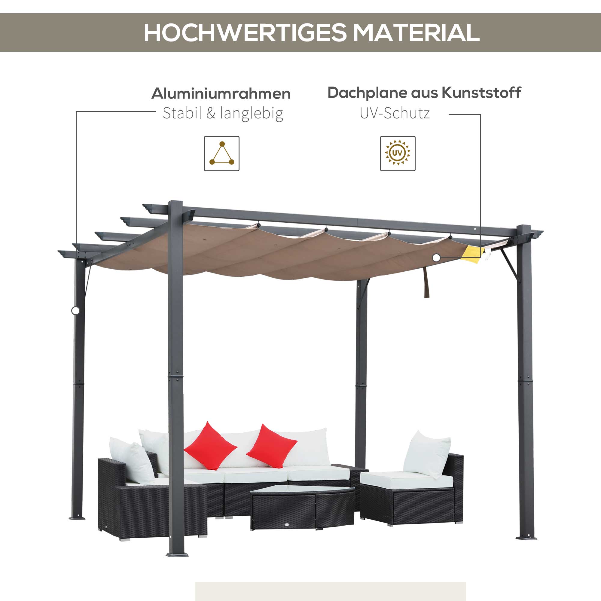 Pergola Gazebo Terrace Cover with Sliding Canopy Garden Aluminum Charcoal Gray+Coffee Brown 3x3x2.23 m