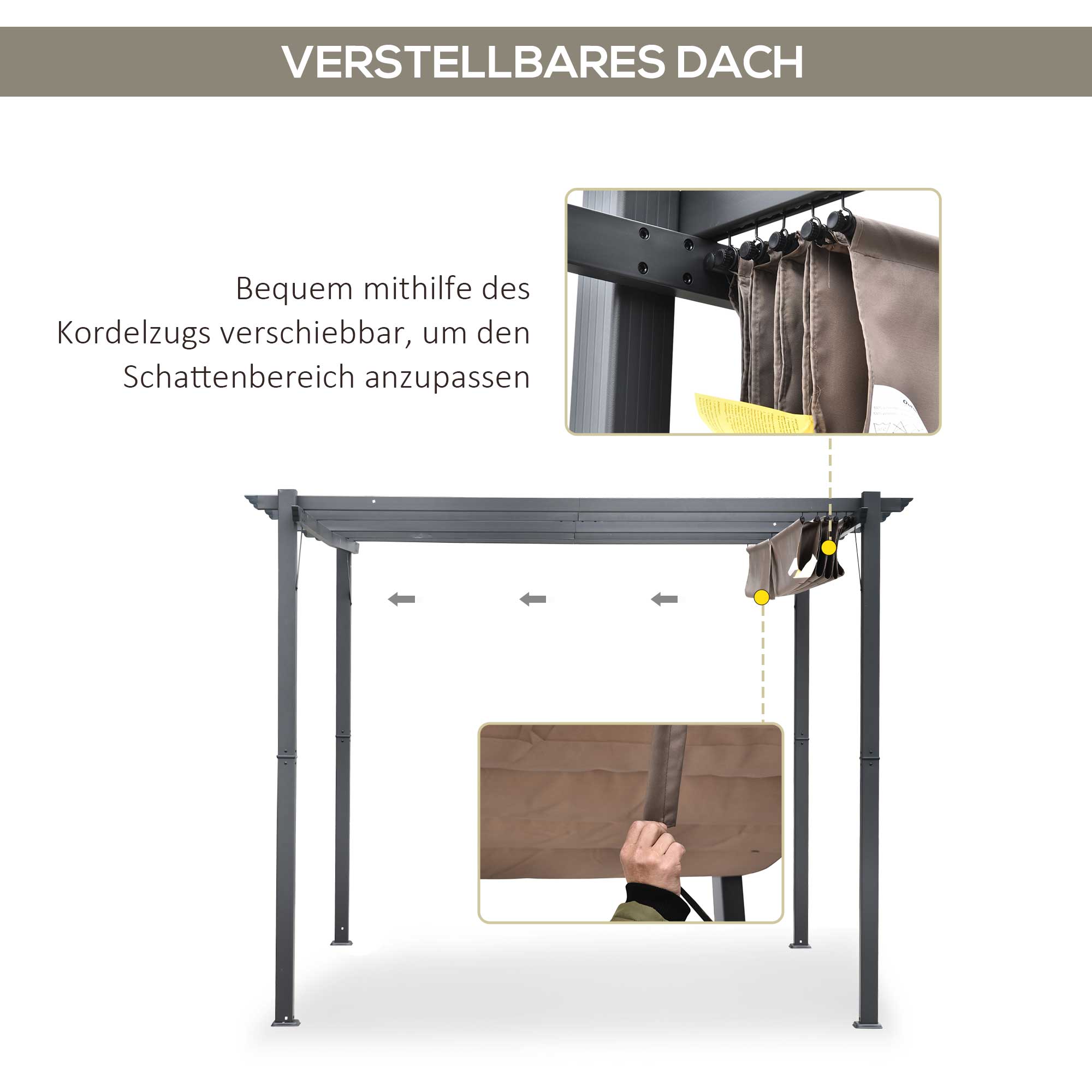 Pergola Gazebo Terrace Cover with Sliding Canopy Garden Aluminum Charcoal Gray+Coffee Brown 3x3x2.23 m