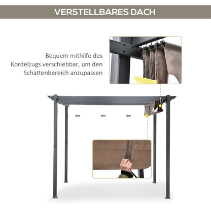Pergola Gazebo Terrace Cover with Sliding Canopy Garden Aluminum Charcoal Gray+Coffee Brown 3x3x2.23 m