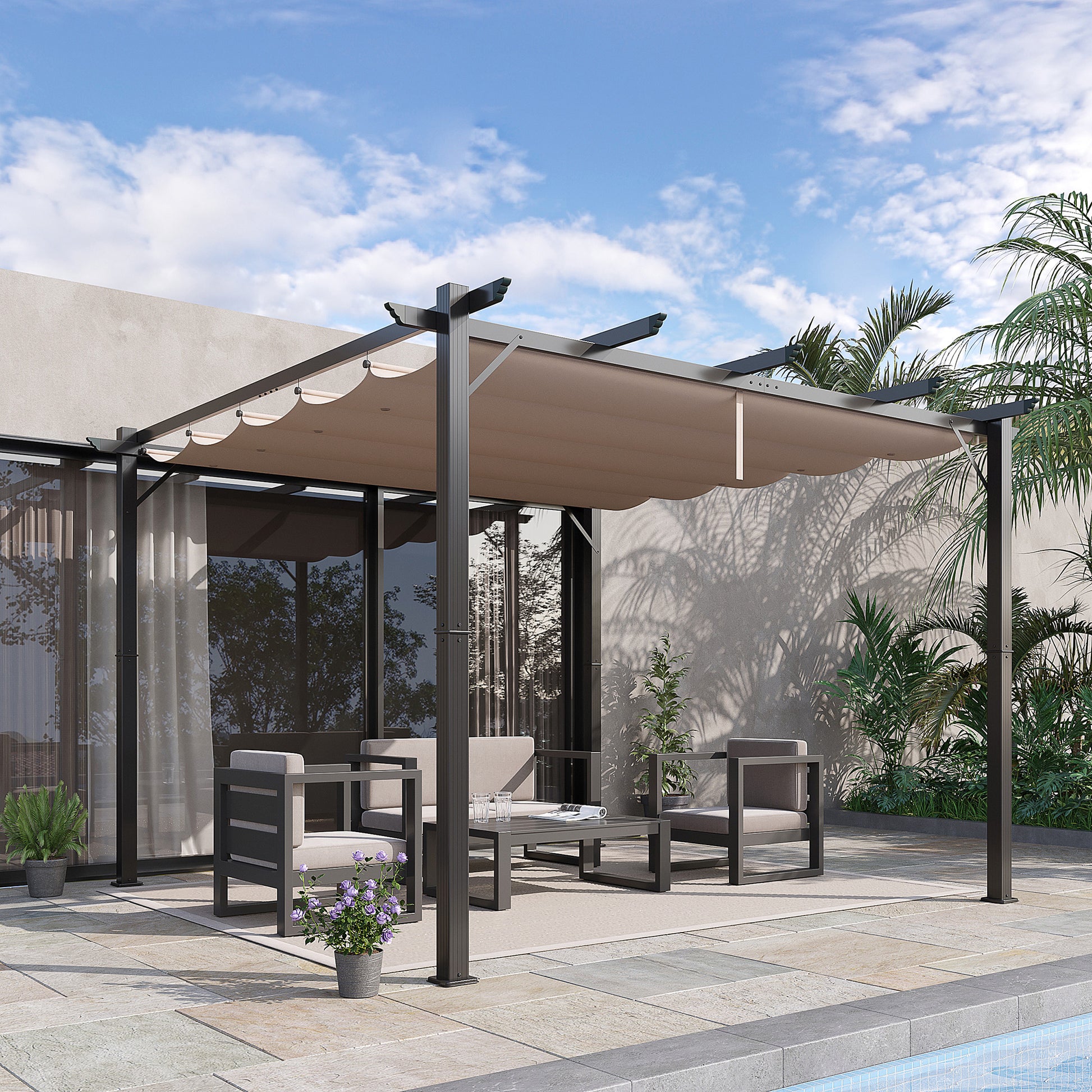 Pergola Gazebo Terrace Cover with Sliding Canopy Garden Aluminum Charcoal Gray+Coffee Brown 3x3x2.23 m