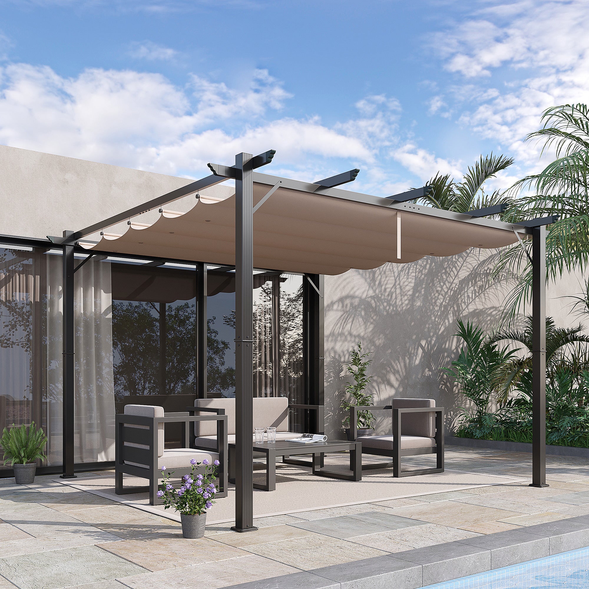 Pergola Gazebo Terrace Cover with Sliding Canopy Garden Aluminum Charcoal Gray+Coffee Brown 3x3x2.23 m