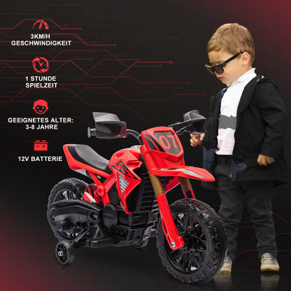 12V Electric Kids' Motorbike, Children's Motorcycle with Training Wheels, up to 3 km/h, Electric Motorcycle with Horn and Start Sound, Kids' Vehicle for 3-8 Years Kids, max. 30 kg, Red