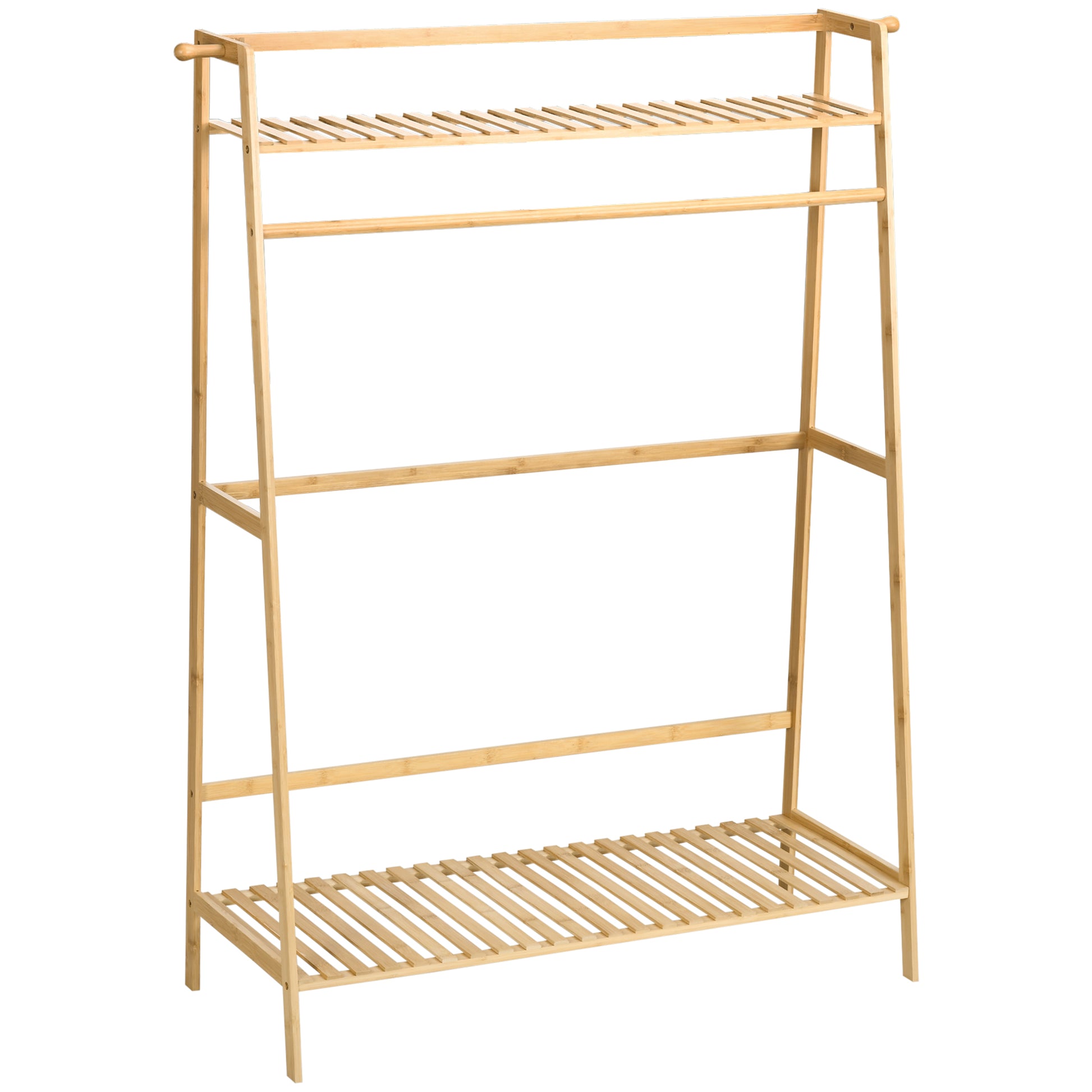 Coat Rack Coat Stand with Two Clothes Hooks, Clothes Rail, 2 Shelves, Coat Stand for Bedroom, Hallway, Bamboo, Natural