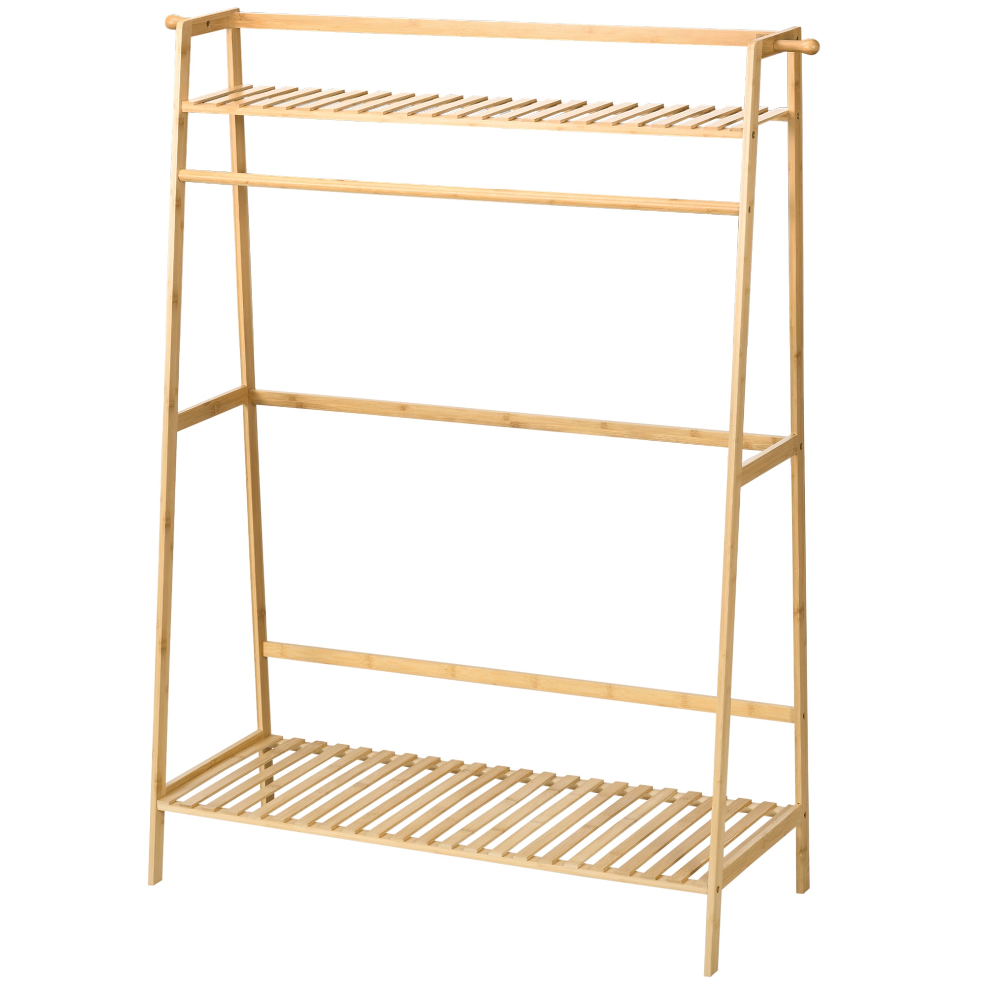Coat Rack Coat Stand with Two Clothes Hooks, Clothes Rail, 2 Shelves, Coat Stand for Bedroom, Hallway, Bamboo, Natural