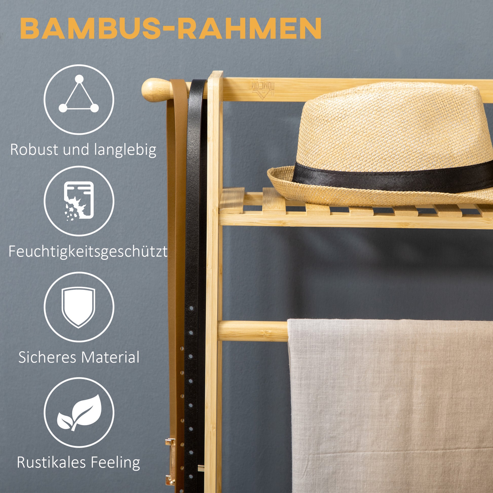 Coat Rack Coat Stand with Two Clothes Hooks, Clothes Rail, 2 Shelves, Coat Stand for Bedroom, Hallway, Bamboo, Natural