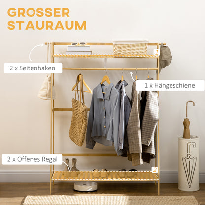 Coat Rack Coat Stand with Two Clothes Hooks, Clothes Rail, 2 Shelves, Coat Stand for Bedroom, Hallway, Bamboo, Natural