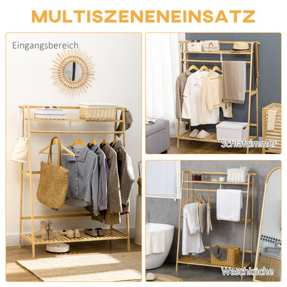 Coat Rack Coat Stand with Two Clothes Hooks, Clothes Rail, 2 Shelves, Coat Stand for Bedroom, Hallway, Bamboo, Natural