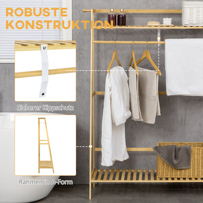 Coat Rack Coat Stand with Two Clothes Hooks, Clothes Rail, 2 Shelves, Coat Stand for Bedroom, Hallway, Bamboo, Natural
