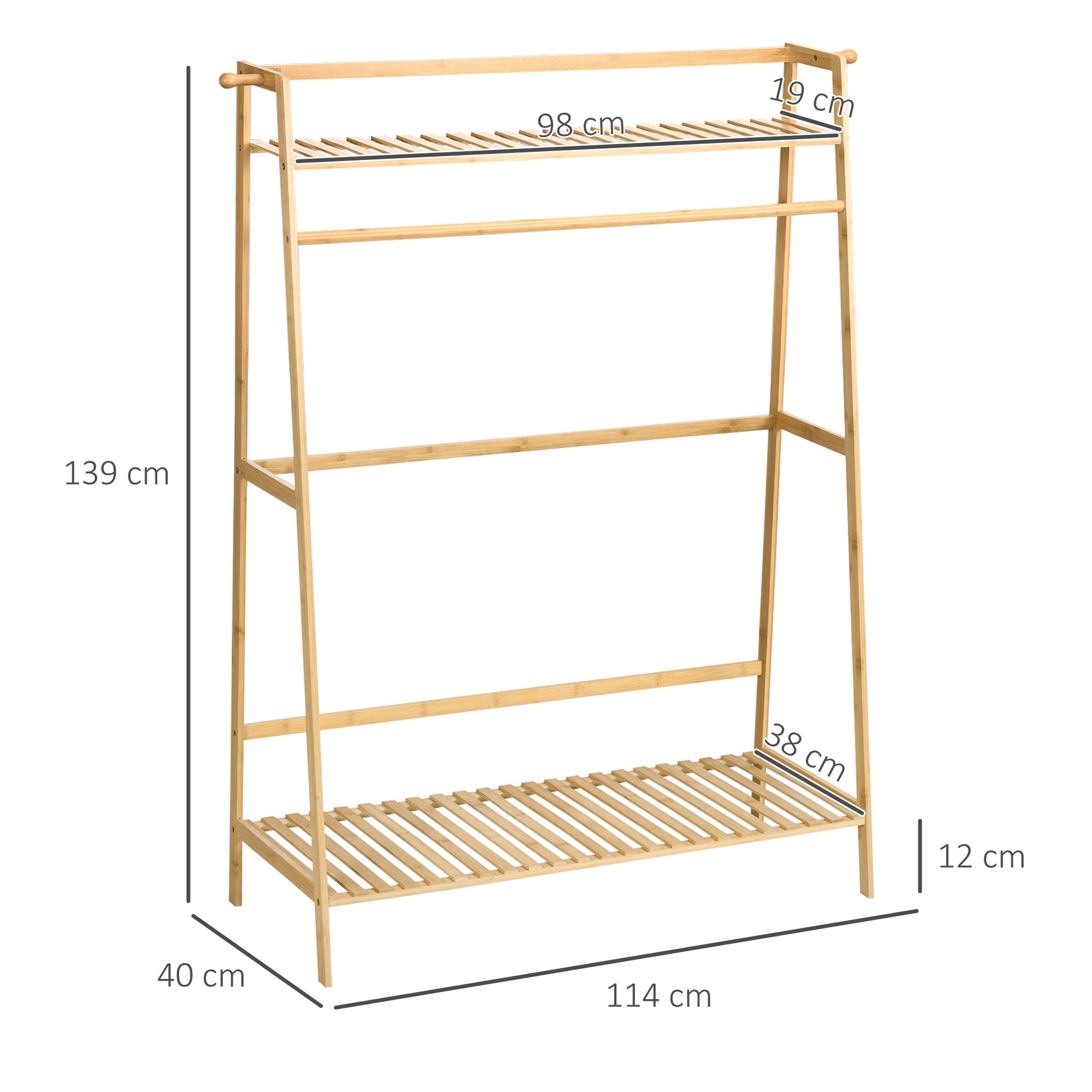 Coat Rack Coat Stand with Two Clothes Hooks, Clothes Rail, 2 Shelves, Coat Stand for Bedroom, Hallway, Bamboo, Natural