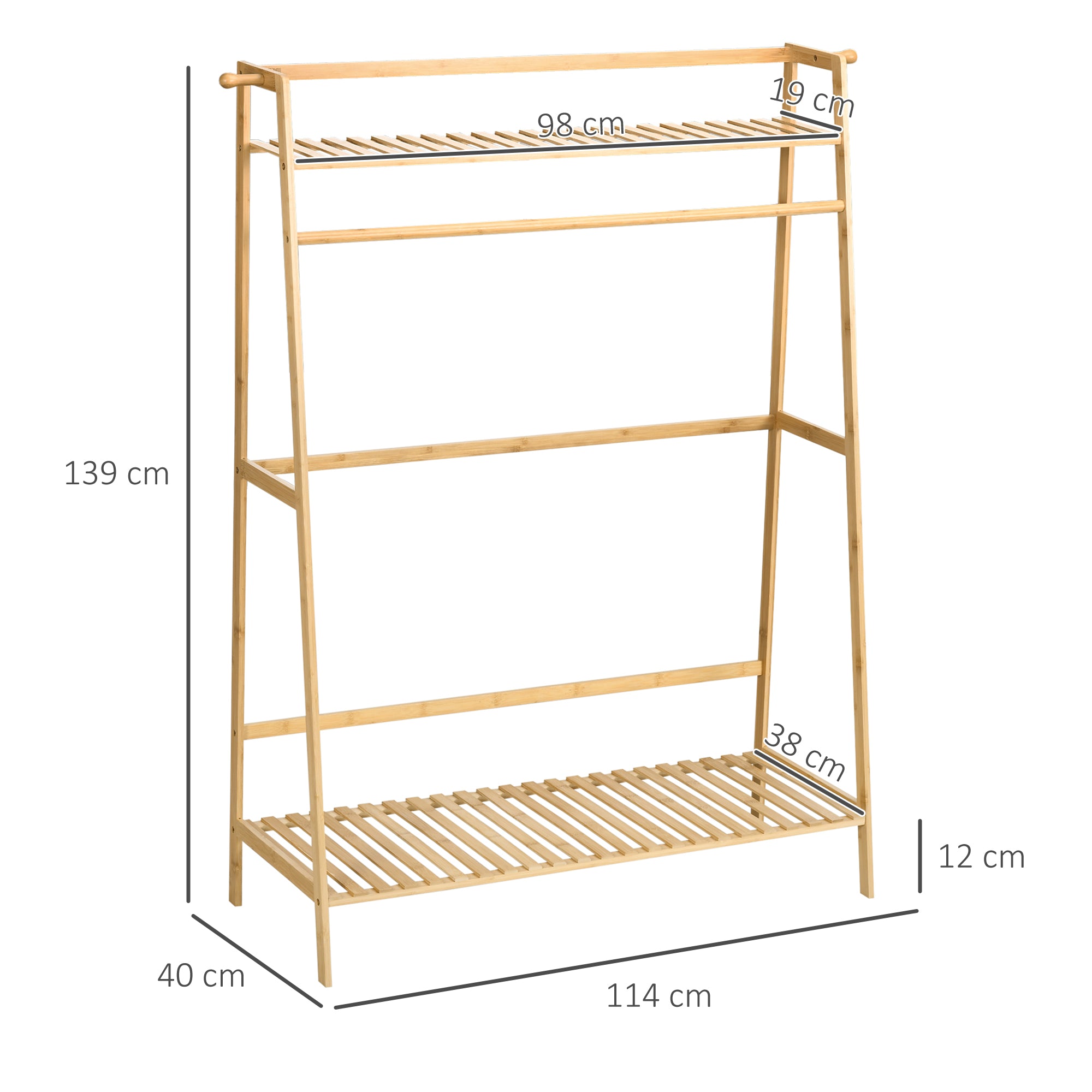 Coat Rack Coat Stand with Two Clothes Hooks, Clothes Rail, 2 Shelves, Coat Stand for Bedroom, Hallway, Bamboo, Natural