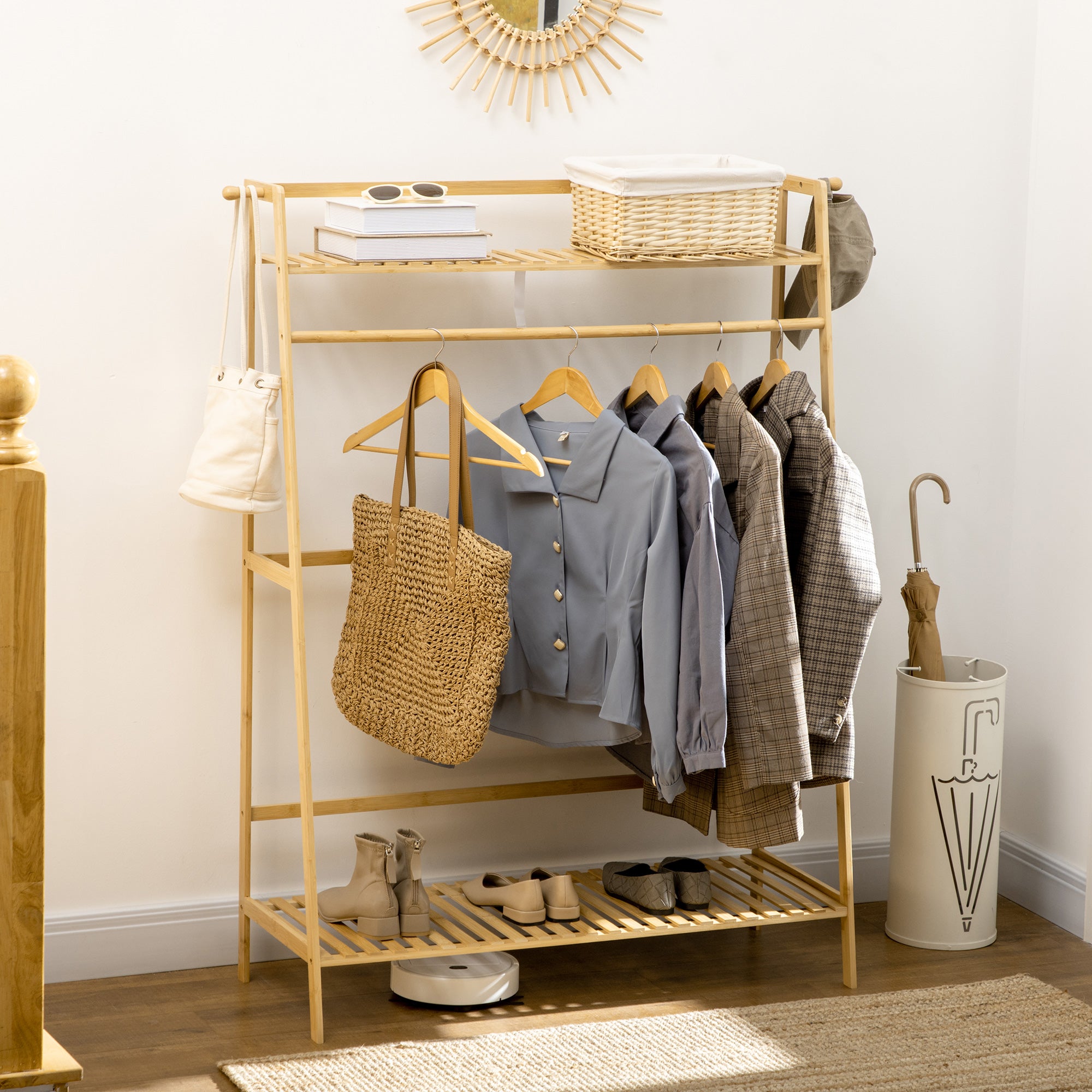 Coat Rack Coat Stand with Two Clothes Hooks, Clothes Rail, 2 Shelves, Coat Stand for Bedroom, Hallway, Bamboo, Natural