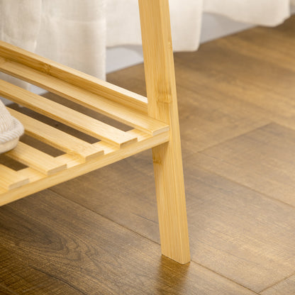 Coat Rack Coat Stand with Two Clothes Hooks, Clothes Rail, 2 Shelves, Coat Stand for Bedroom, Hallway, Bamboo, Natural