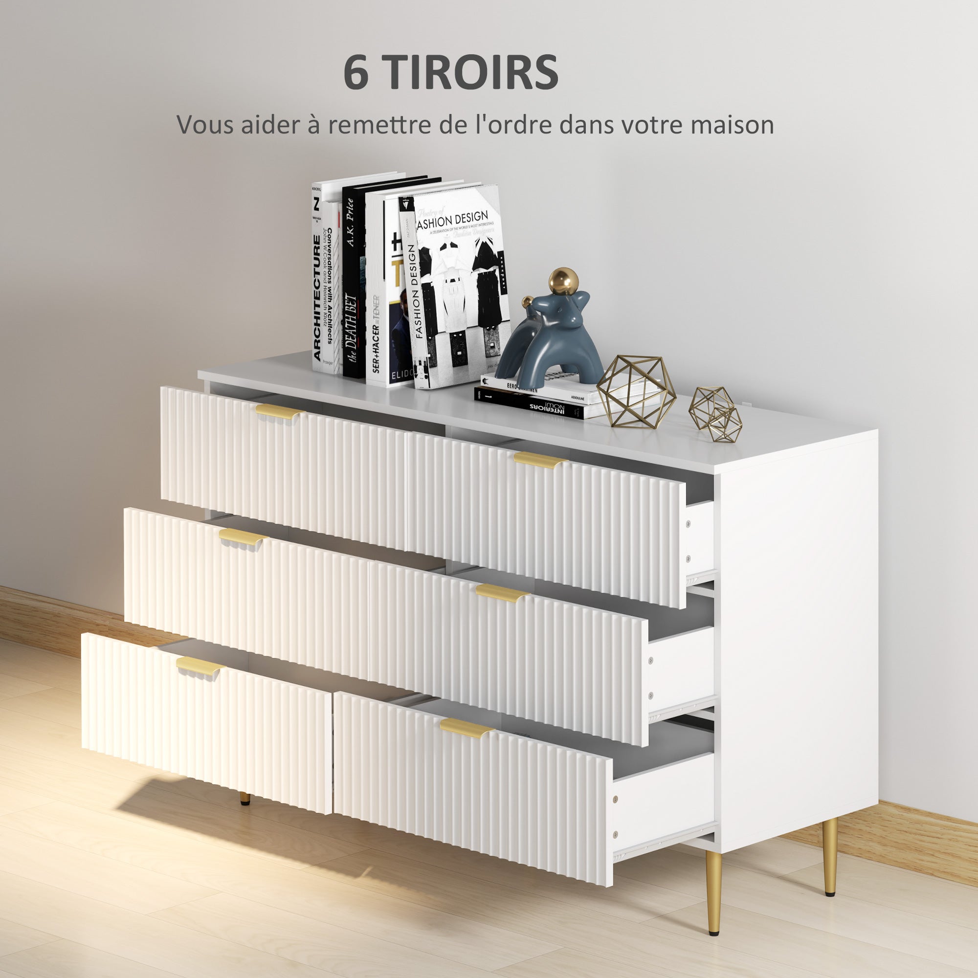 Chest of Drawers 6 Drawers Bedroom Dresser Modern Storage Furniture with Handles and Golden Feet, for Bedroom, Living Room, Dimensions: 120 x 40 x 76.5 cm, White