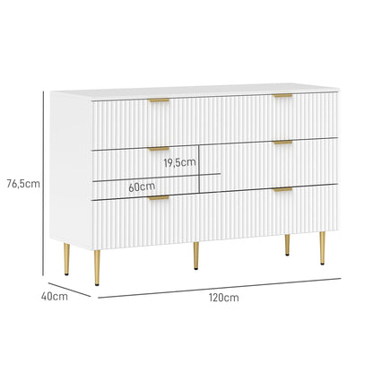 Chest of Drawers 6 Drawers Bedroom Dresser Modern Storage Furniture with Handles and Golden Feet, for Bedroom, Living Room, Dimensions: 120 x 40 x 76.5 cm, White