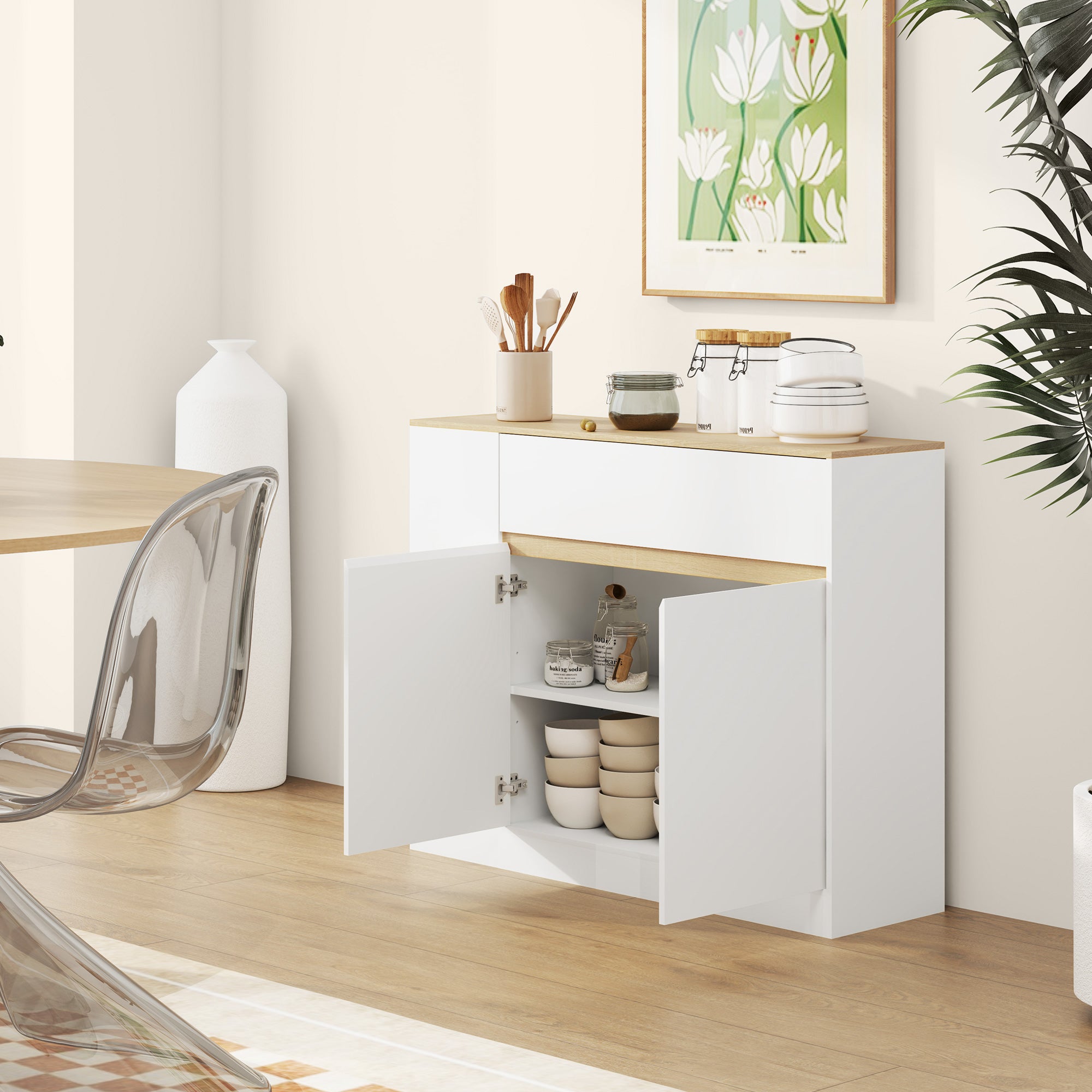 Sideboard Kitchen Cabinet with Drawer, 2 Doors, Adjustable Shelves, Buffet Cabinet Dresser for Kitchen, Living Room, Dining Room, 105 x 30 x 81.5 cm White