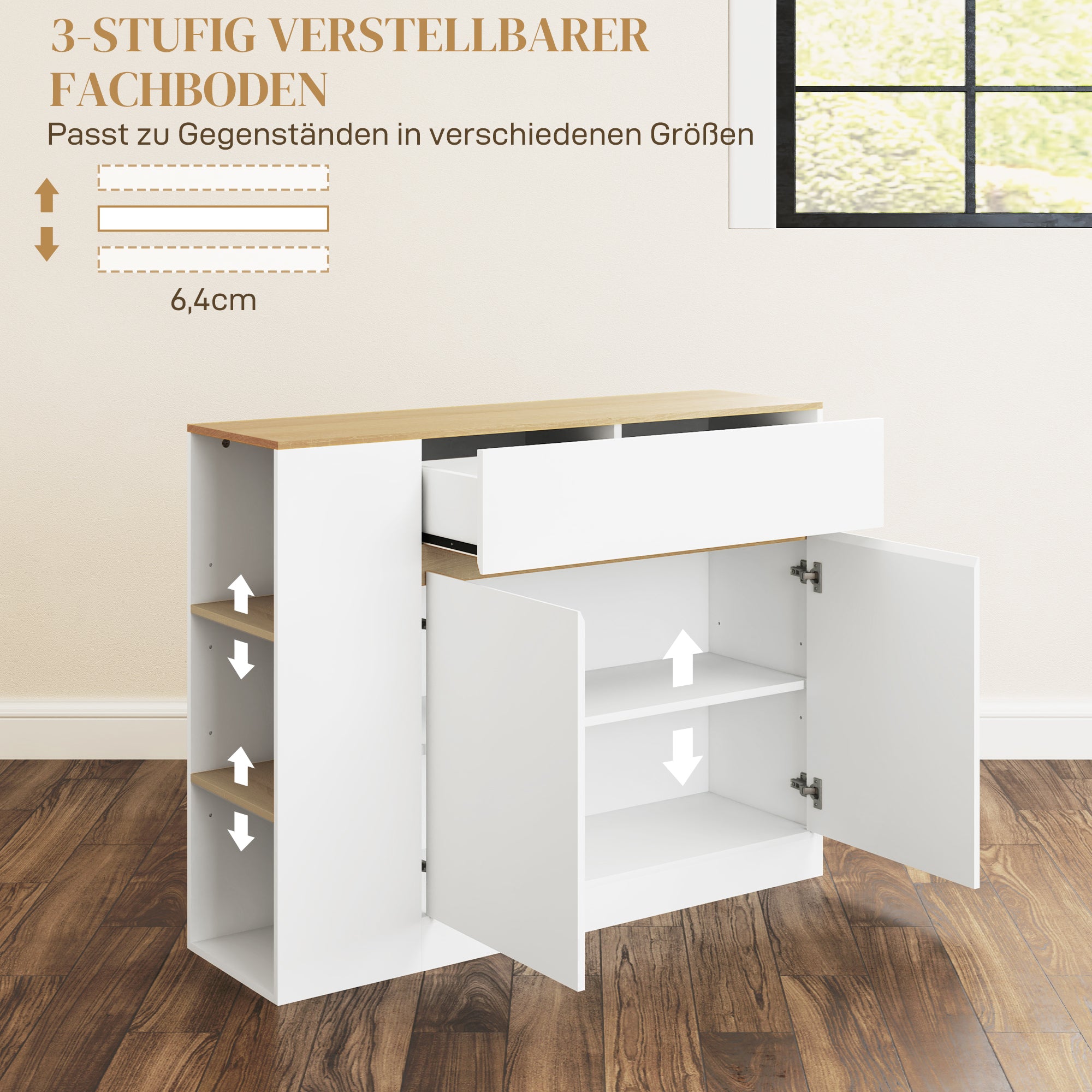 Sideboard Kitchen Cabinet with Drawer, 2 Doors, Adjustable Shelves, Buffet Cabinet Dresser for Kitchen, Living Room, Dining Room, 105 x 30 x 81.5 cm White