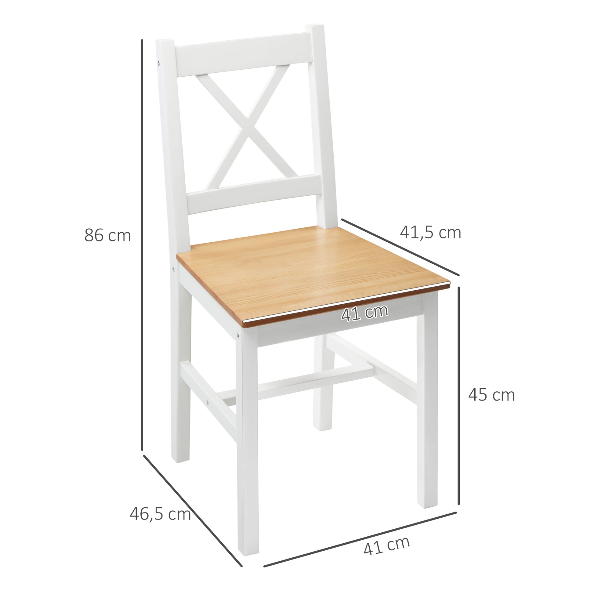 Set of 2 dining chairs made of solid wood, kitchen chairs in country style with crisscross backrest in white and oak